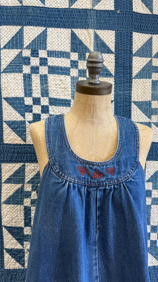 1970's Denim Jumper Dress with Floral Details