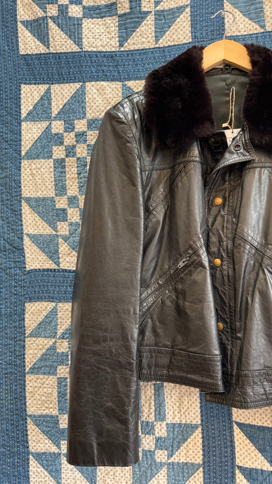 Black Leather Bomber with Faux Fur Collar