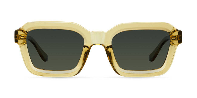 Gold-framed sunglasses with dark lenses on a white background