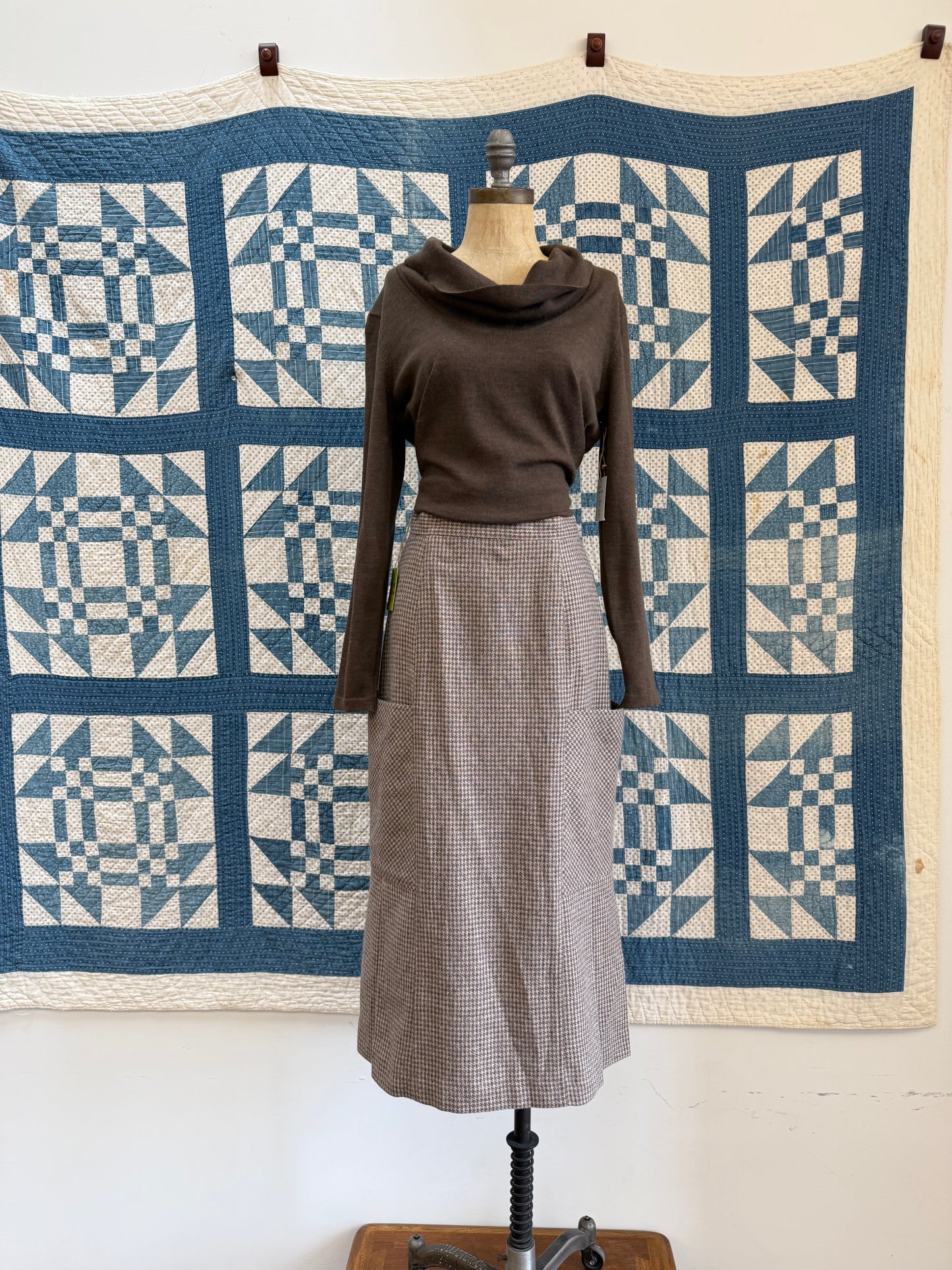 Houndstooth Wool Midi Skirt