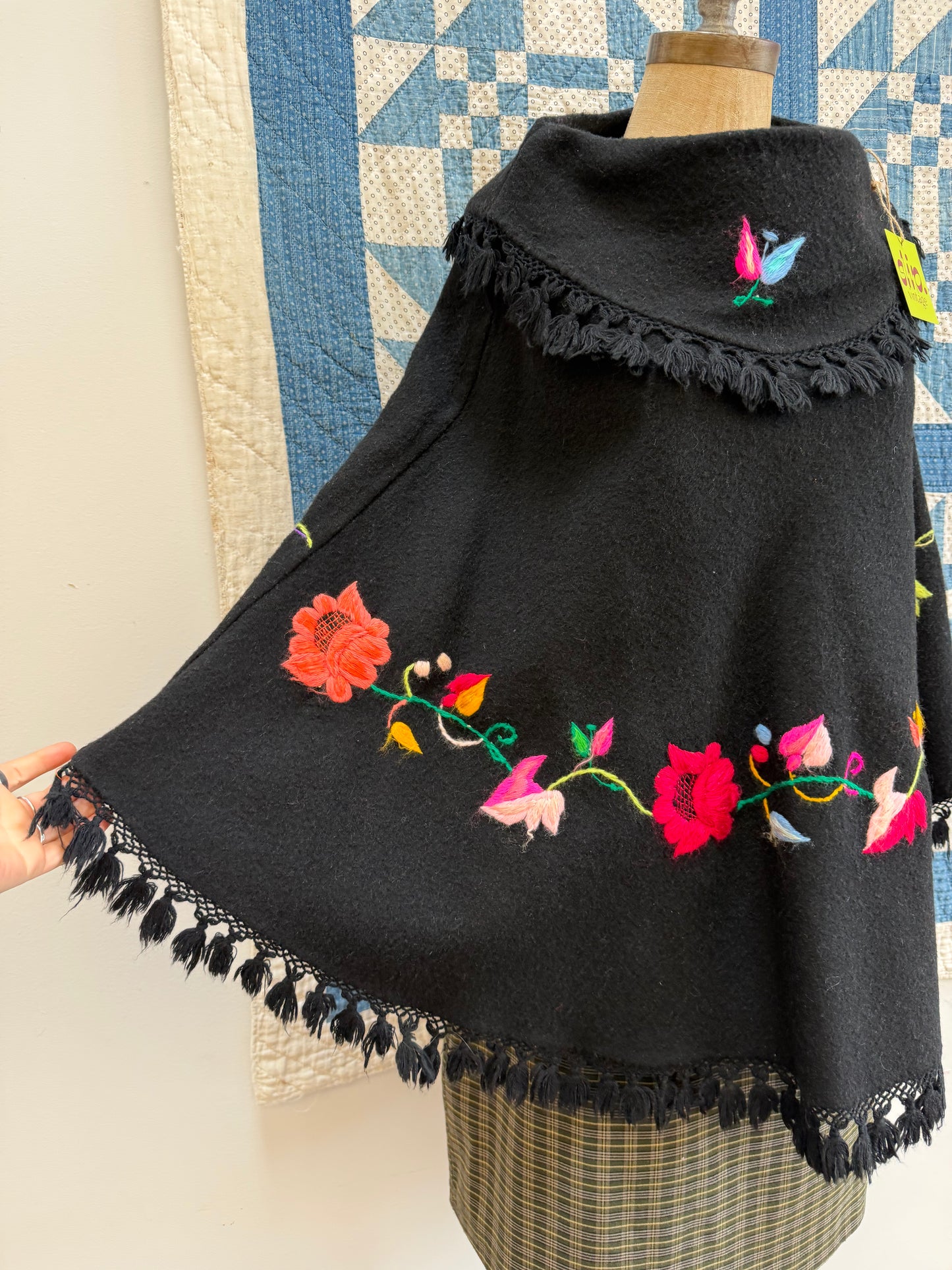 Black Wool Embroidered Poncho