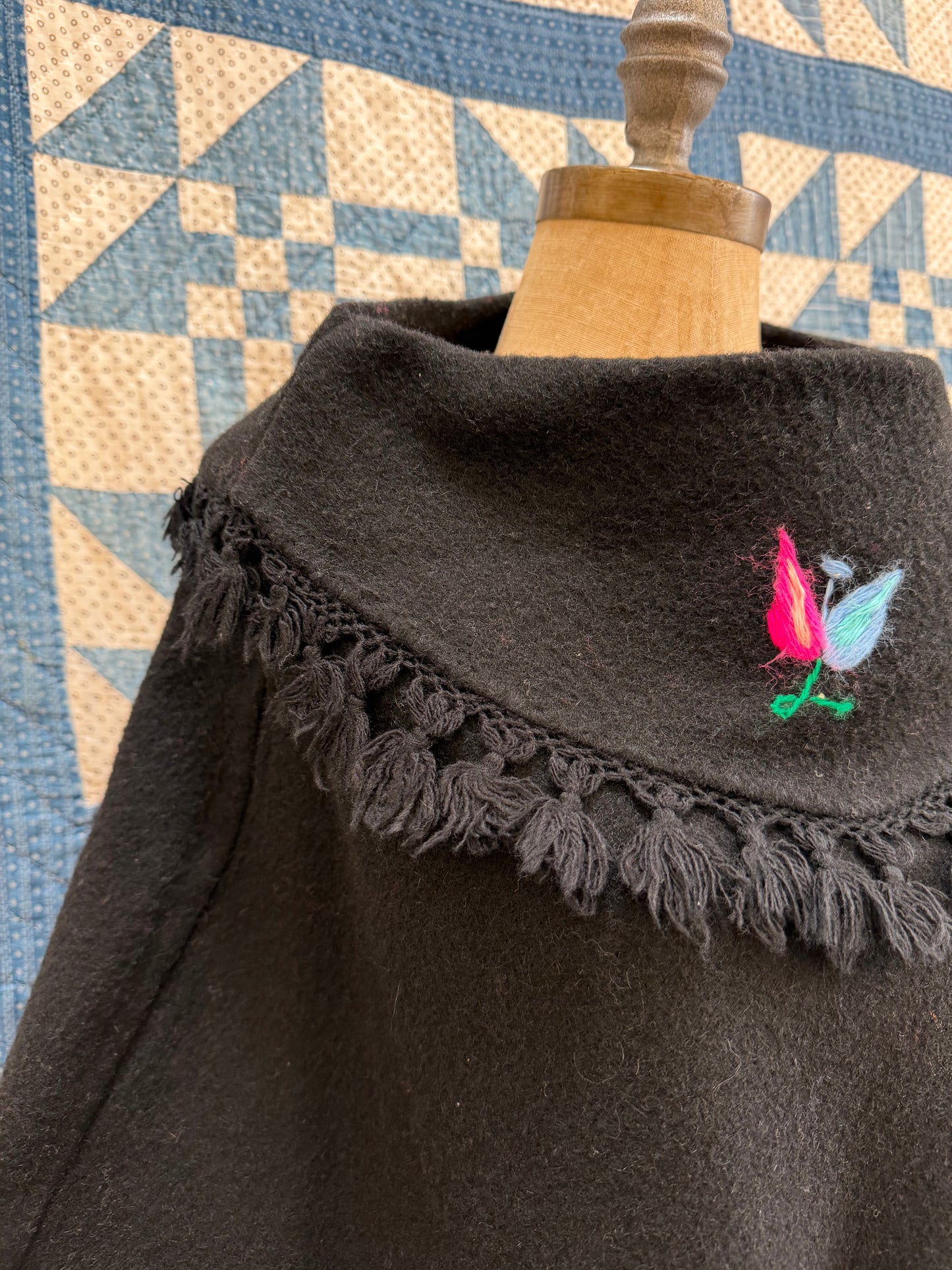 Black Wool Embroidered Poncho
