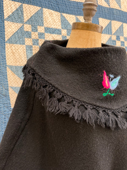 Black Wool Embroidered Poncho