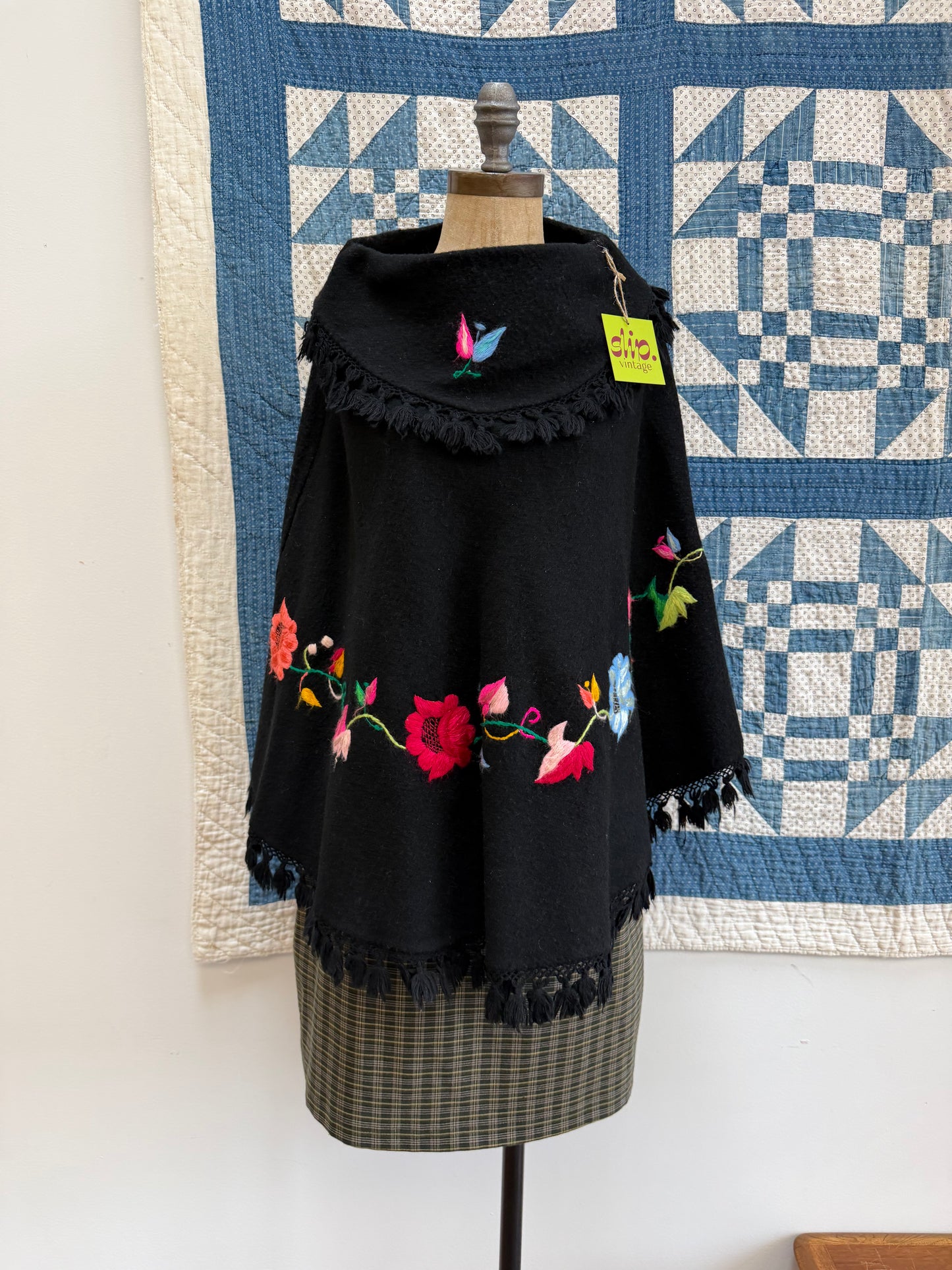 Black Wool Embroidered Poncho