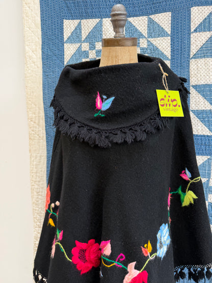 Black Wool Embroidered Poncho
