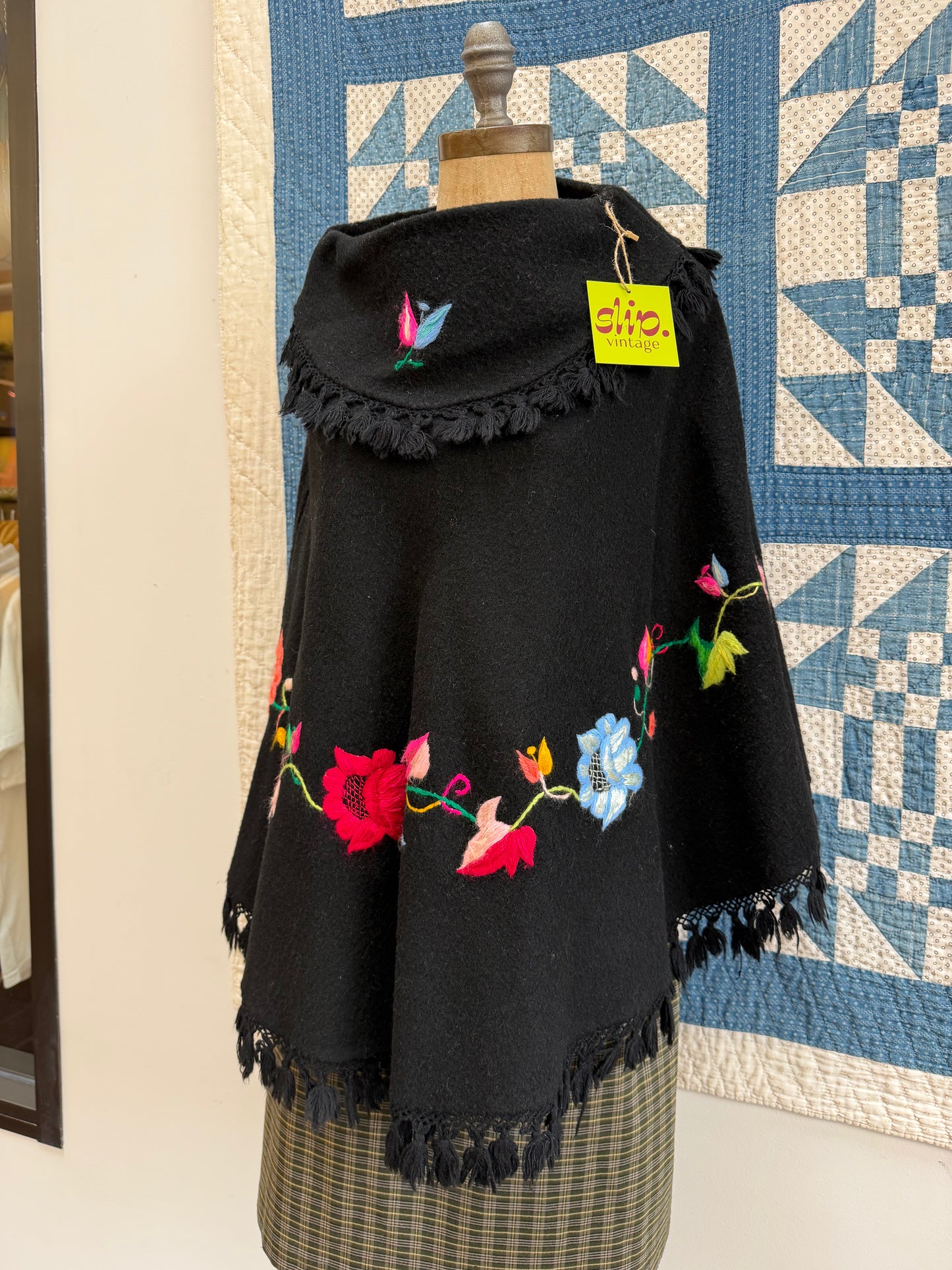 Black Wool Embroidered Poncho