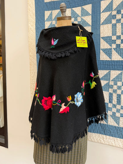 Black Wool Embroidered Poncho