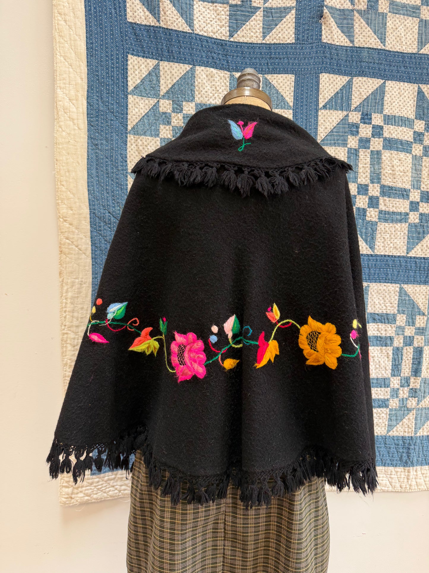Black Wool Embroidered Poncho