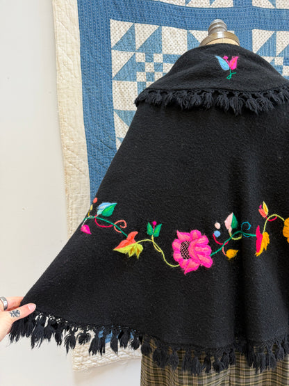 Black Wool Embroidered Poncho