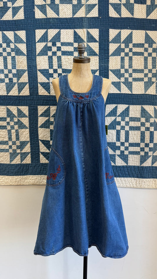 1970's Denim Jumper Dress with Floral Details