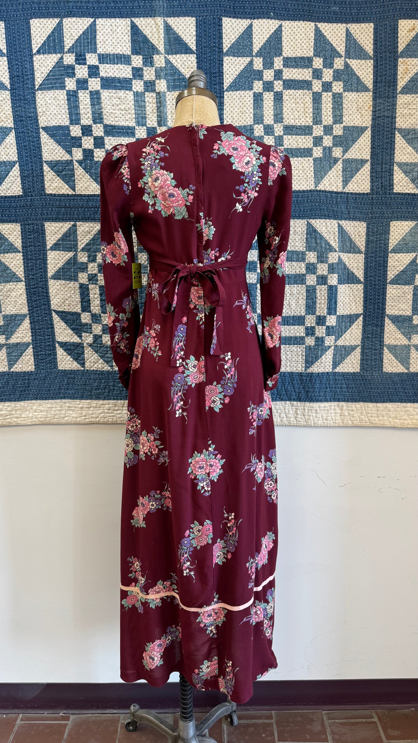 1970's Burgundy Floral Maxi Dress