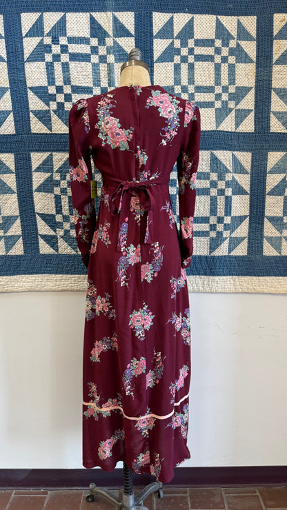 1970's Burgundy Floral Maxi Dress