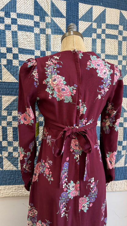 1970's Burgundy Floral Maxi Dress