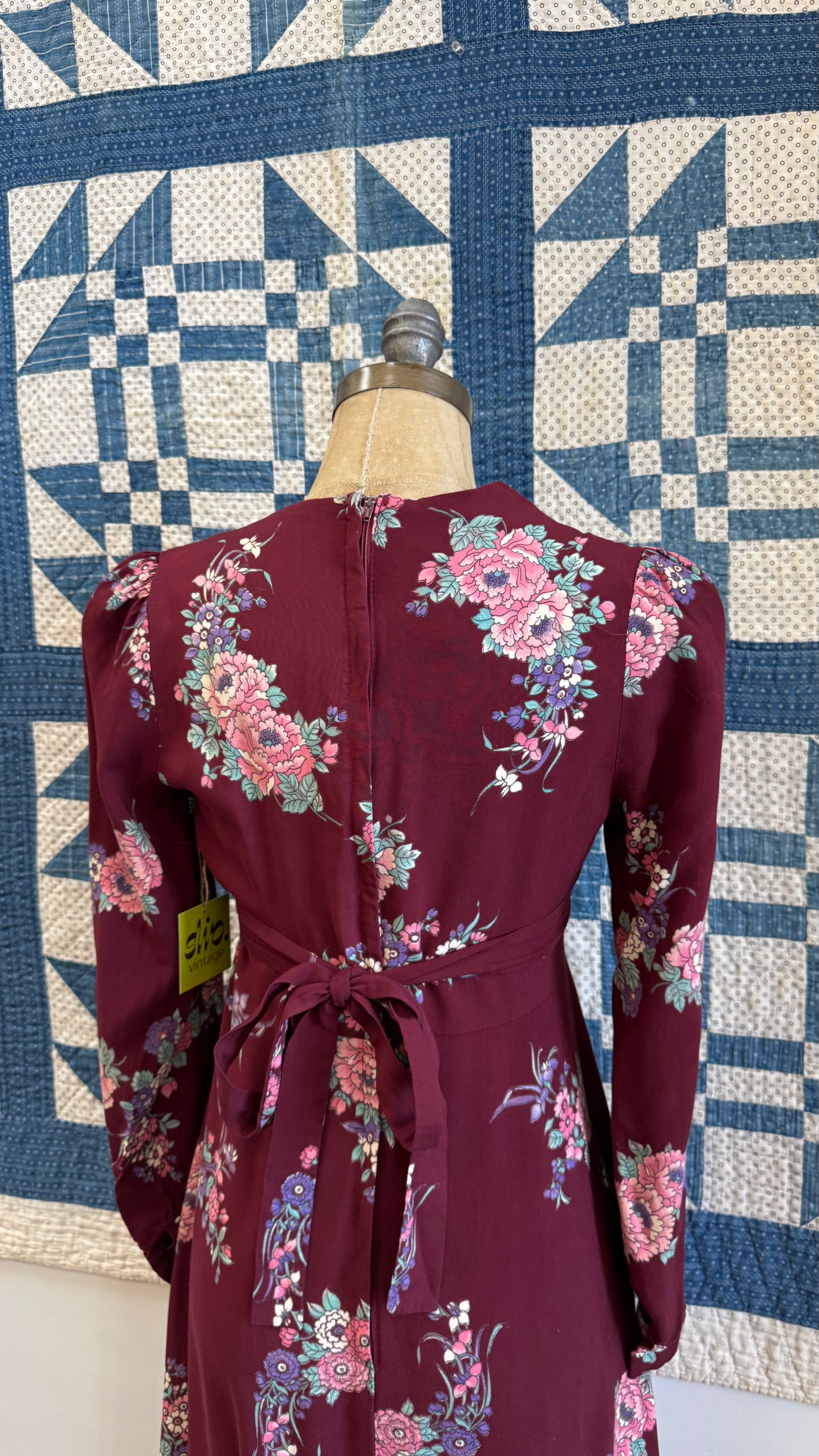 1970's Burgundy Floral Maxi Dress