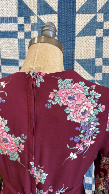 1970's Burgundy Floral Maxi Dress