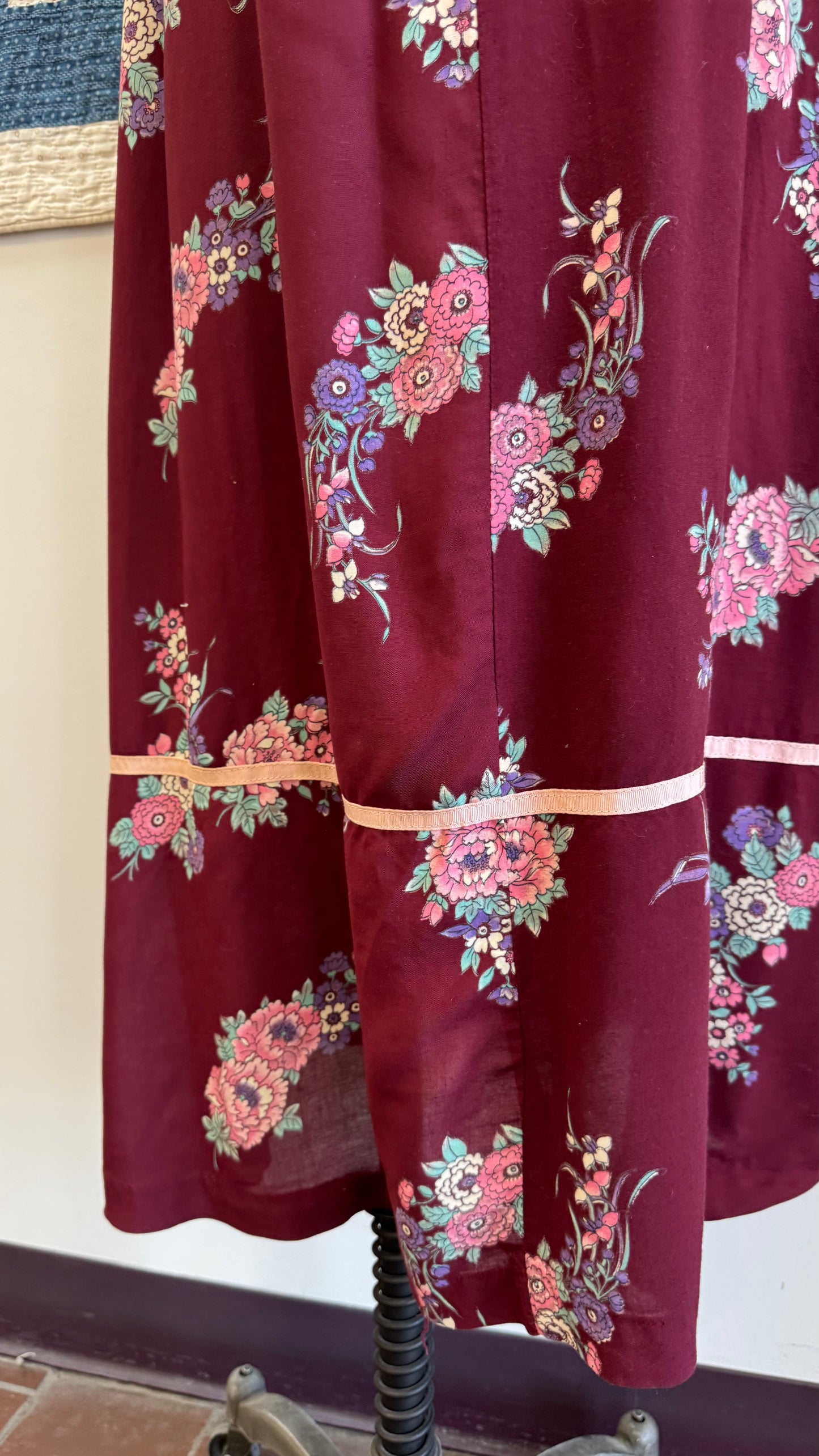 1970's Burgundy Floral Maxi Dress