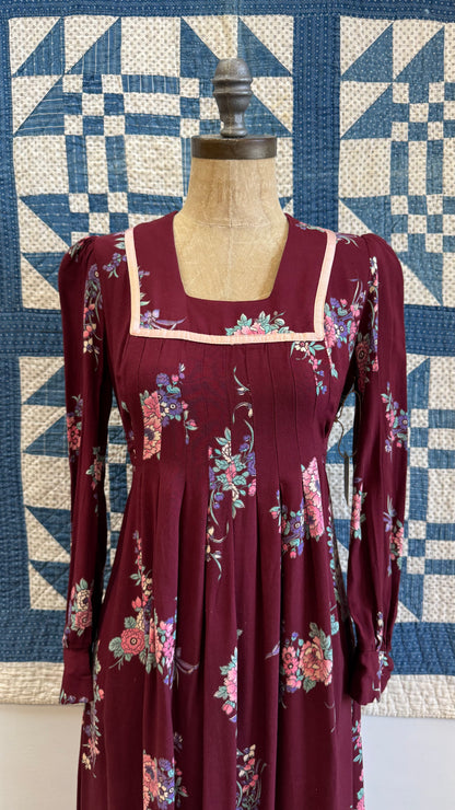 1970's Burgundy Floral Maxi Dress