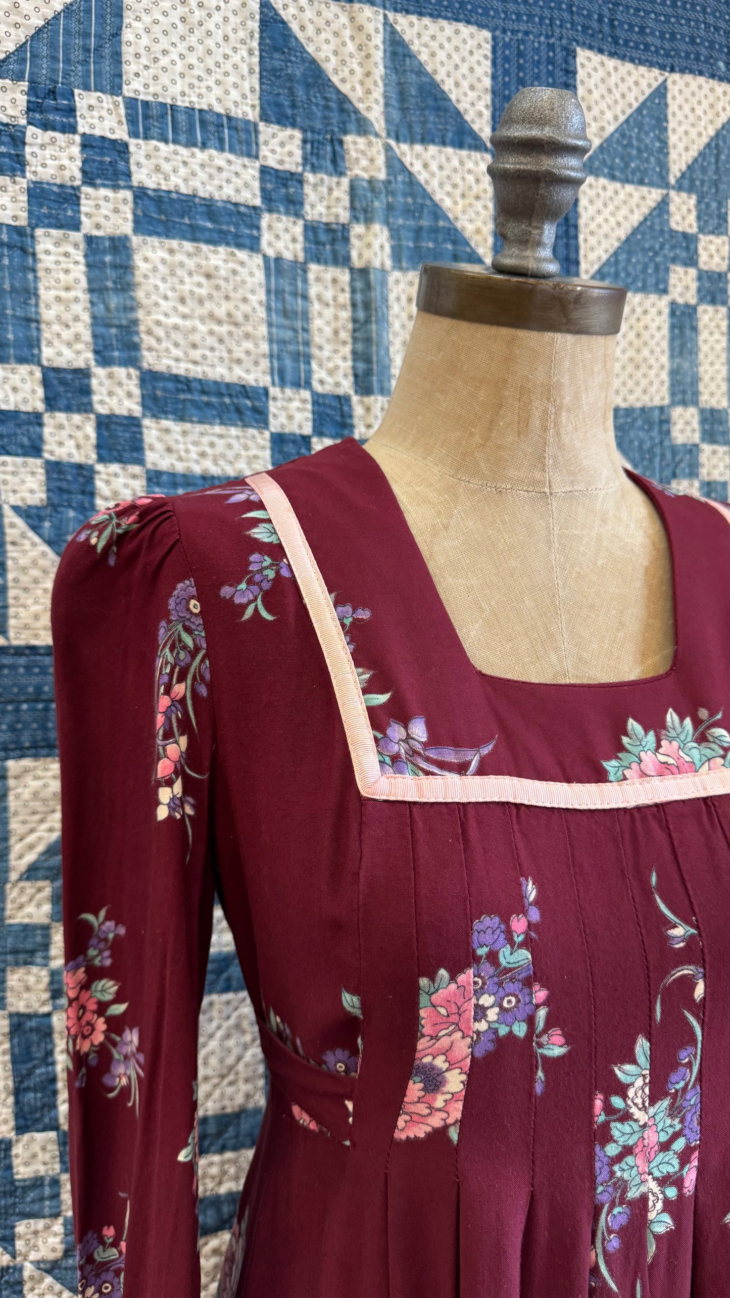 1970's Burgundy Floral Maxi Dress