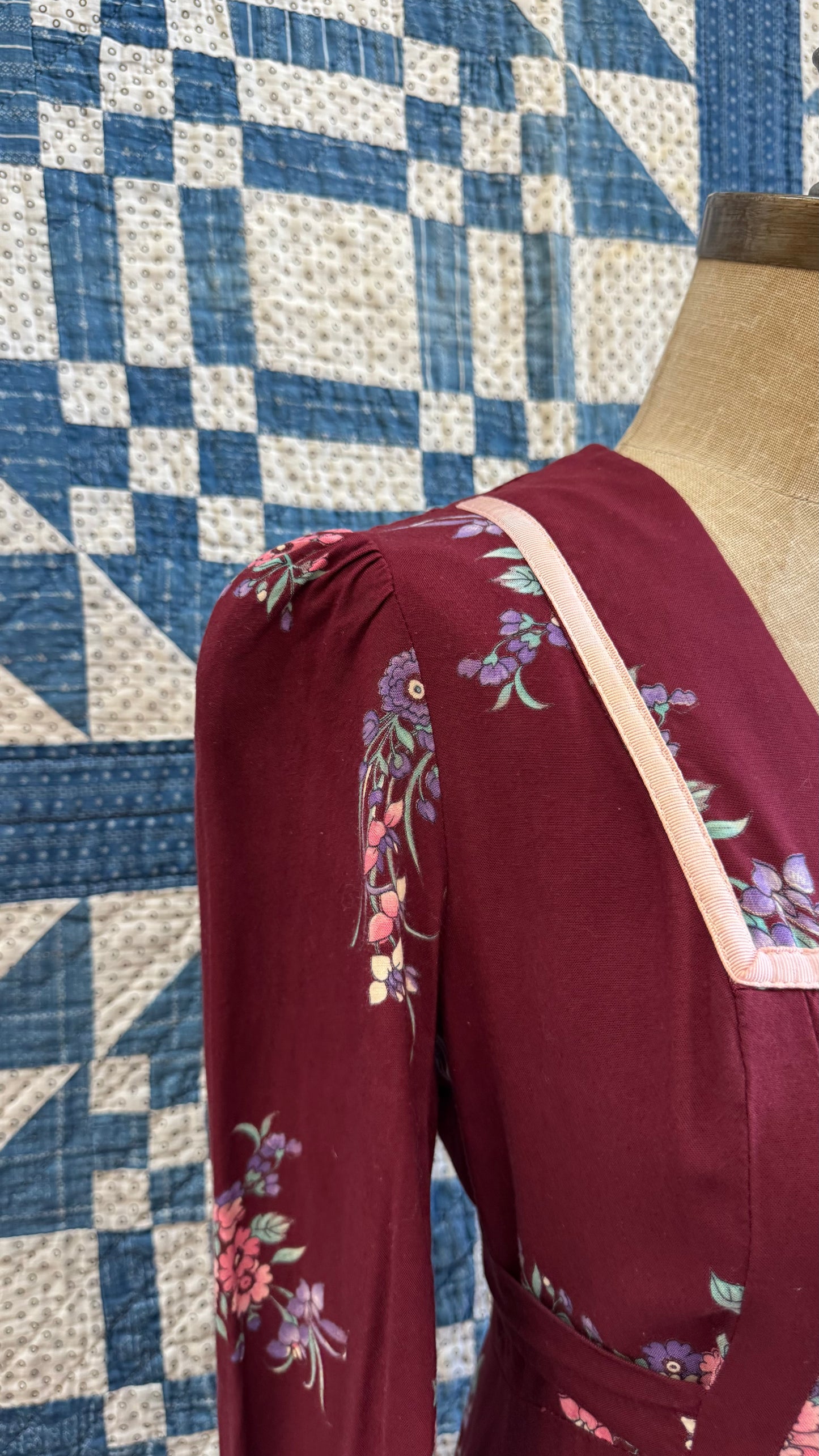 1970's Burgundy Floral Maxi Dress