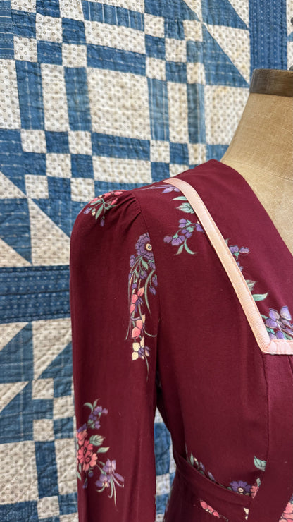 1970's Burgundy Floral Maxi Dress