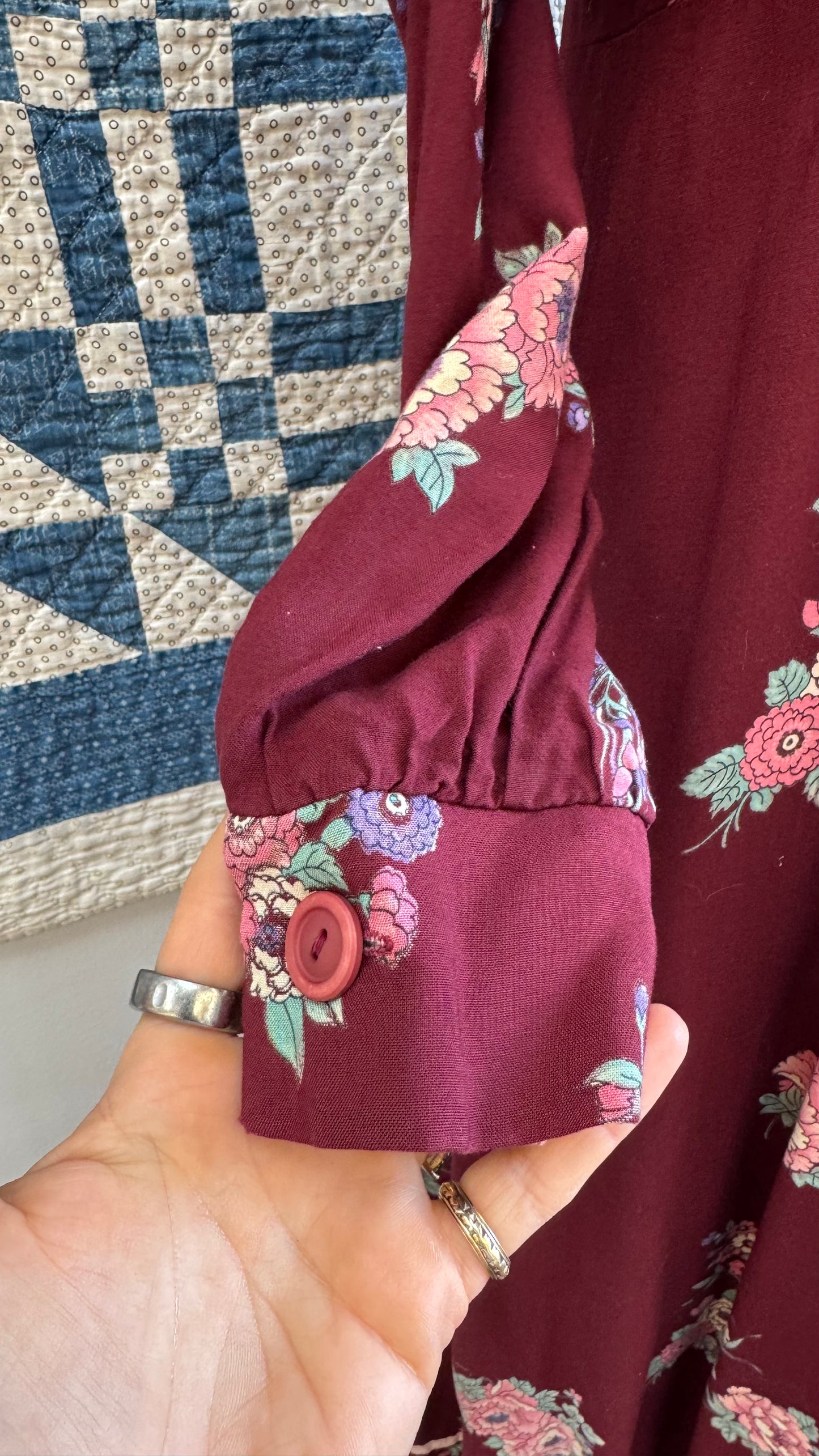 1970's Burgundy Floral Maxi Dress