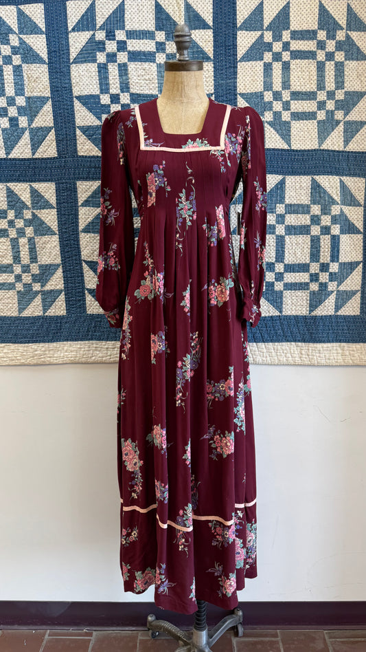 1970's Burgundy Floral Maxi Dress