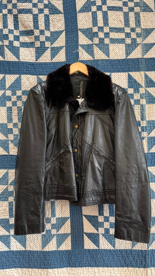 Black Leather Bomber with Faux Fur Collar