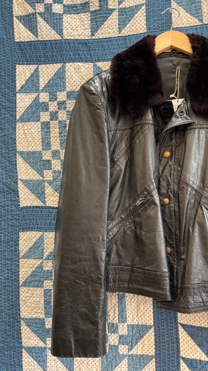 Black Leather Bomber with Faux Fur Collar
