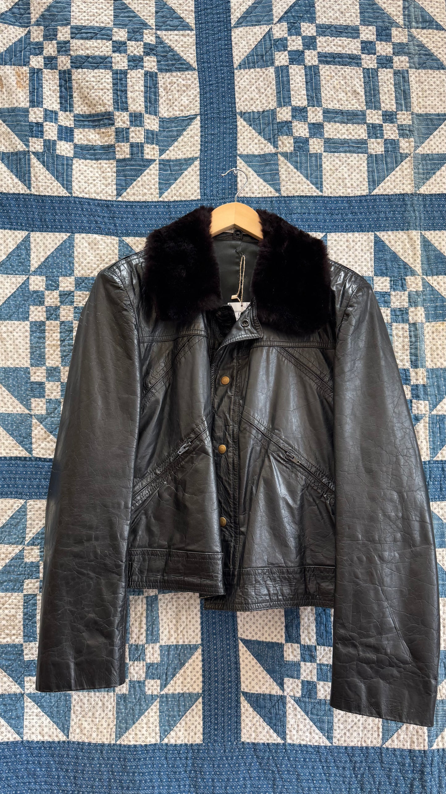 Black Leather Bomber with Faux Fur Collar