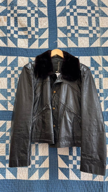 Black Leather Bomber with Faux Fur Collar