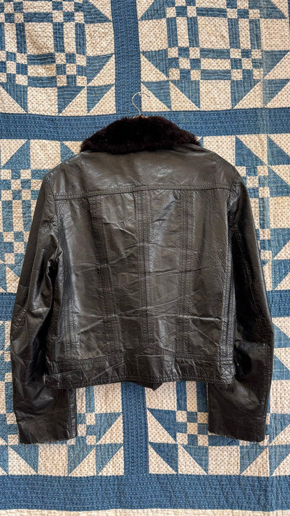 Black Leather Bomber with Faux Fur Collar