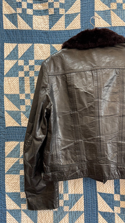 Black Leather Bomber with Faux Fur Collar