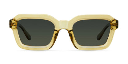 Gold-framed sunglasses with dark lenses on a white background