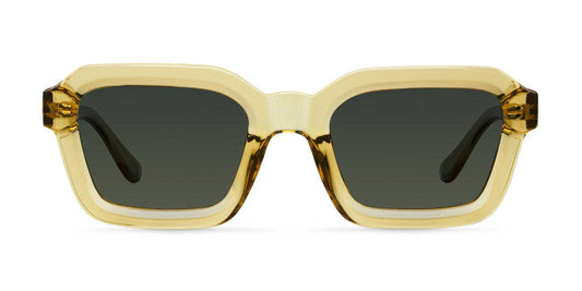 Gold-framed sunglasses with dark lenses on a white background